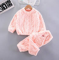 Детский тёплый костюм двойка, пижама на меху для девочек, цвет розовый