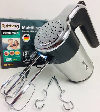 Міксер Rainberg RB-1012 5 швидкостей 600W, потужний ручний побутовий кухонний міксер, 2 насадки, неіржавка сталь, фото 1