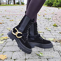 Замшеві жіночі черевики челсі на низькому ходу чорні демісезонні