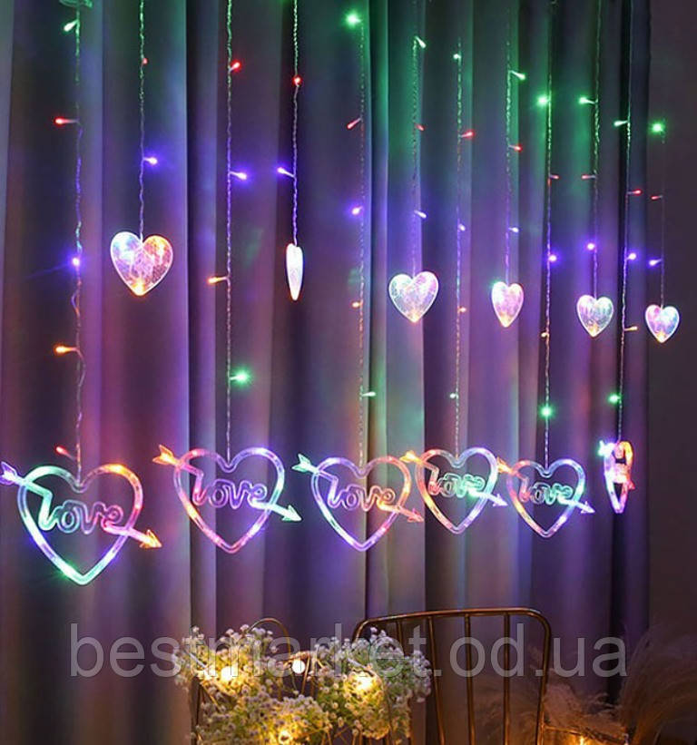 Новорічна Світлодіодна Гірлянда Штора Серця "Love" 120Led 3 х 0,7 м Мульти