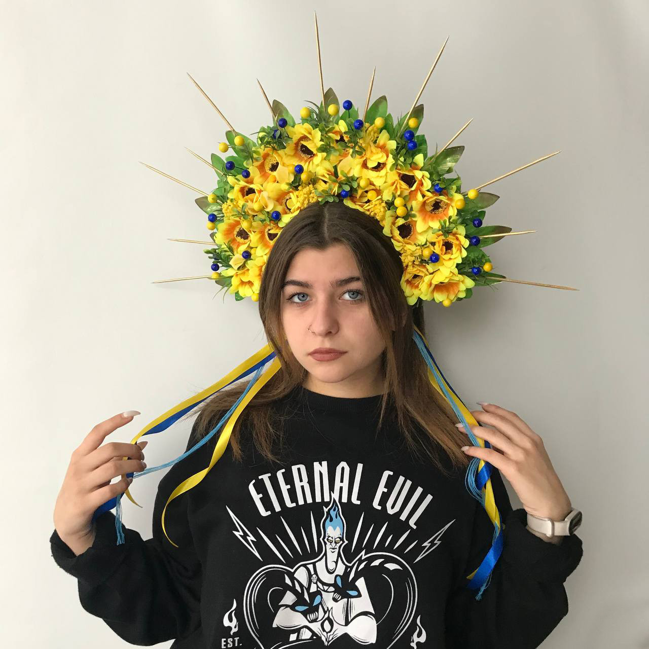 Веночек-корона на голову с цветами и ленточками "Лучи солнца",этно, веночек для фотосъемки хенд мейд - фото 3 - id-p1695529637