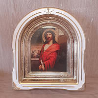 Икона Иисус Христос в терновом венце, лик 15х18 см, в белом деревянном киоте со вставками, арка