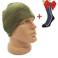 Теплая флисовая шапка Олива + Подарок Шерстяные термоноски TERMO socks / Шапка для военных ВСУ