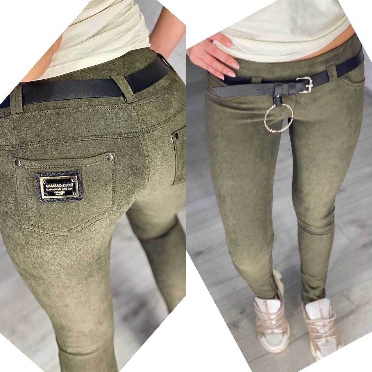 Однотонні жіночі замшеві з ефектом утяжки і кишенями на середній посадці (р. 42-50) 52bu686, фото 1