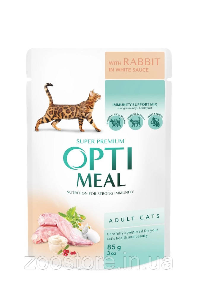 Корм вологий для дорослих котів OPTI MEAL - кролик в білому соусі 85г