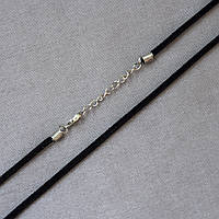 Шнурок на шию стильний велюровий чорний довжина 45 см з подовжувачем товщина 4 мм зі сріблястим карабіном