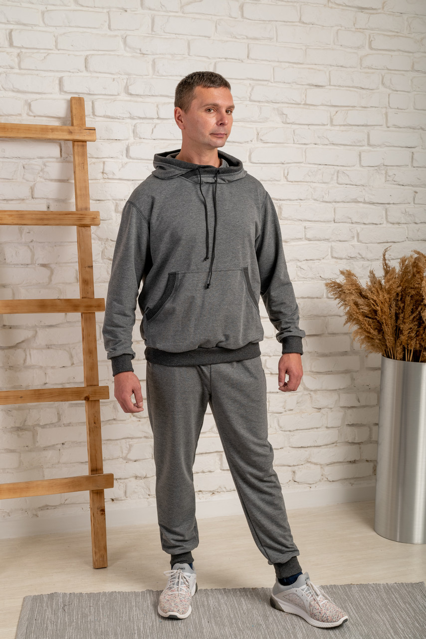 Чоловічий спортивний костюм із кофтою худі та штанами двонитка антрацит, фото 1
