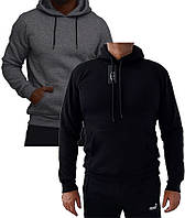 Теплая черная - серая мужская толстовка на флисе, зимний мужской худи (кофта) с капюшоном