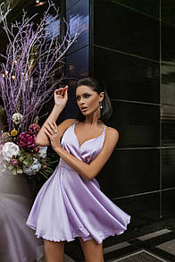 Вечірня бузкова шовкова сукня міні з відкритою спиною