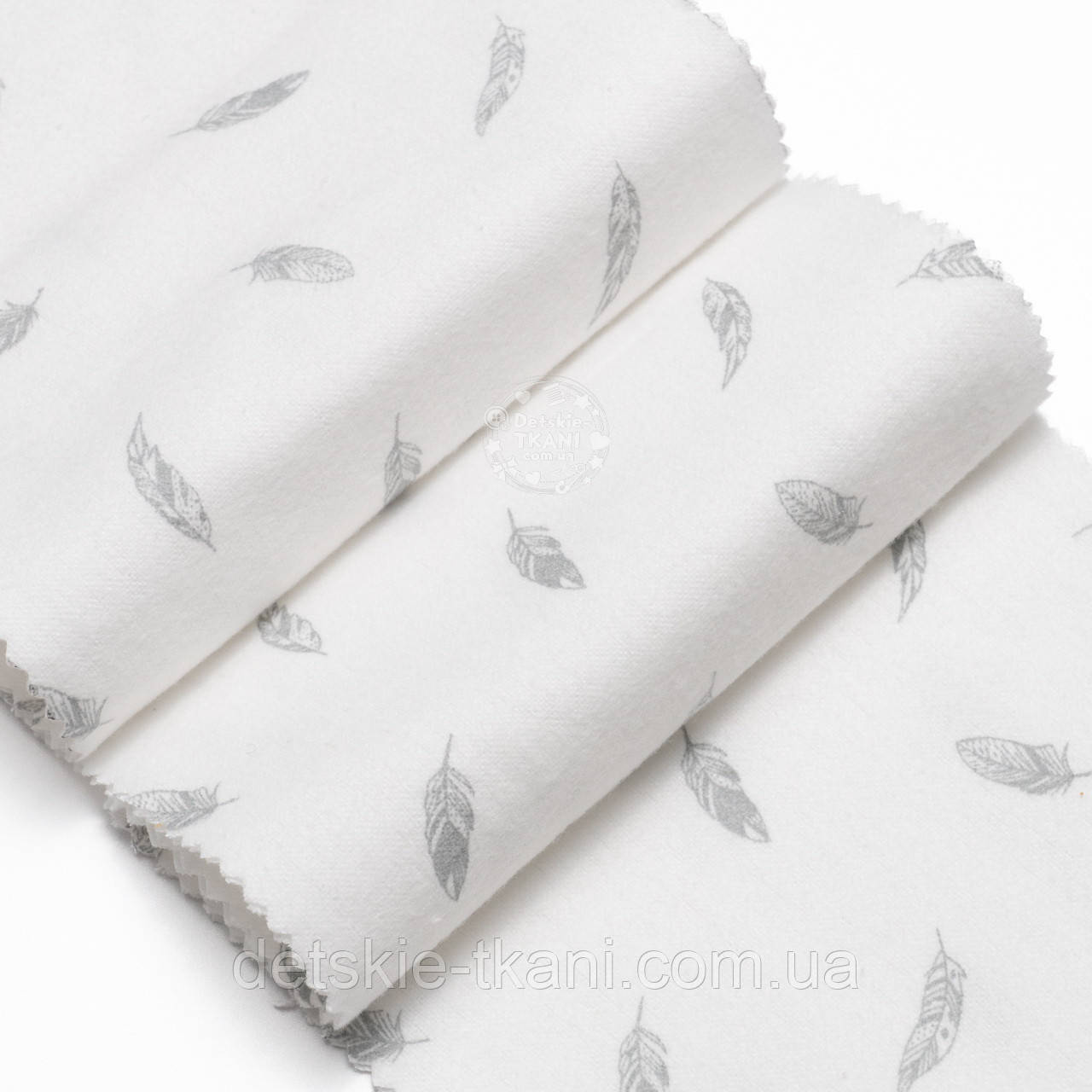 Фланель "Маленькі сірі пір'їнки на білому тлі", ширина 150 см, фото 1