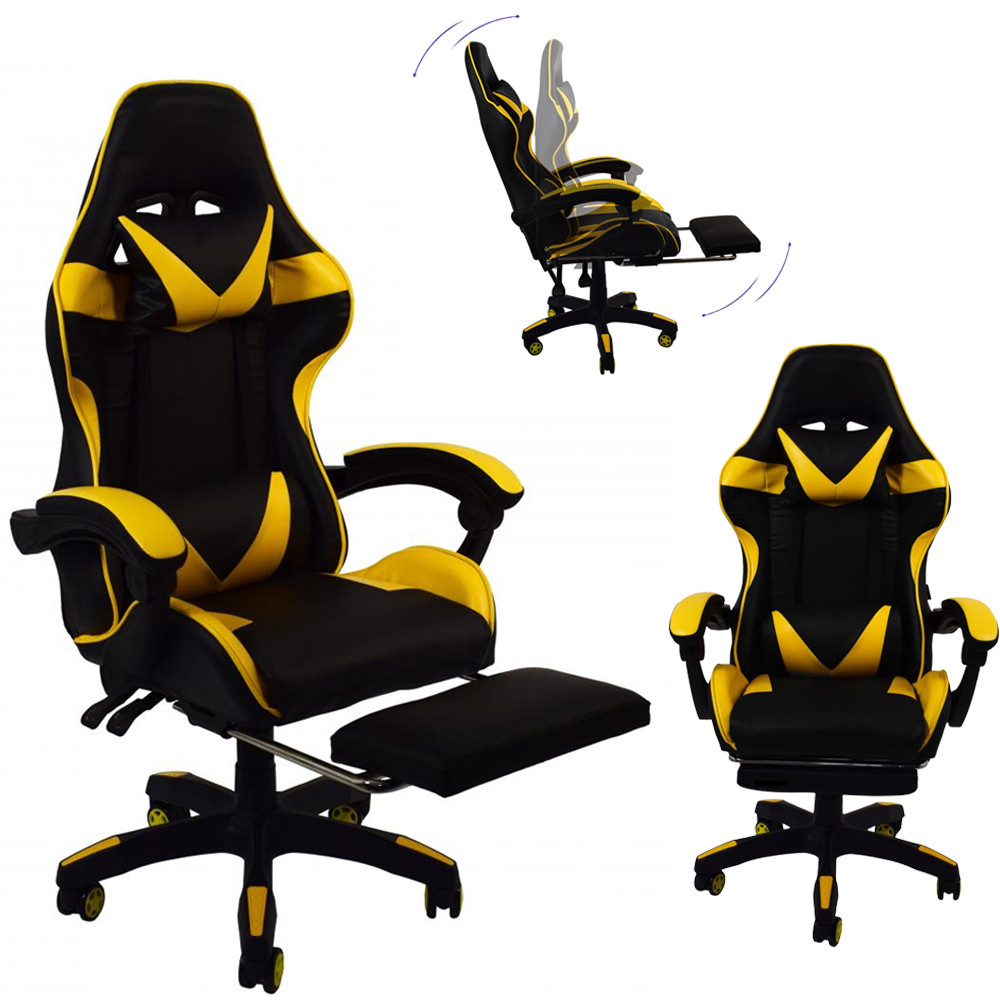 Геймерське ігрове крісло з подушками BONRO Racer жовте з підставкою для ніг комп'ютерне офісне розкладне