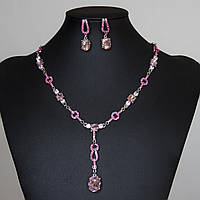 Комплект колье и серьги женский серебристого цвета с розовыми кристаллами гвоздики 3,5 см колье 55 см