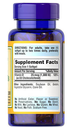Puritan's Pride Vitamin D3 1000 IU 200 Softgels, фото 2