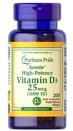 Puritan's Pride Vitamin D3 1000 IU 200 Softgels, фото 1