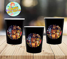 Стаканчики "Фнаф". 5 ночей з Фредді" чорні з круглою наклейкою (поштучно) одноразові