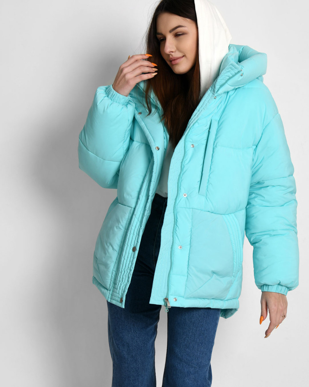 Якісна яскрава бірюзова молодіжна жіноча зимова куртка-кокон, фото 1