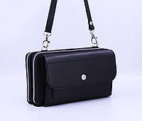Жіноча шкіряна сумка-гаманець з відділом для телефону та плечовим ременем/ Ручної роботи/ Чорний