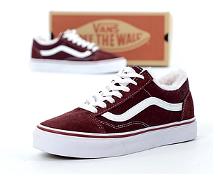 Зимові кеди Vans Old Skool Winter Ванс Олд Скул бордові на хутрі чоловічі жіночі підліткові низькі