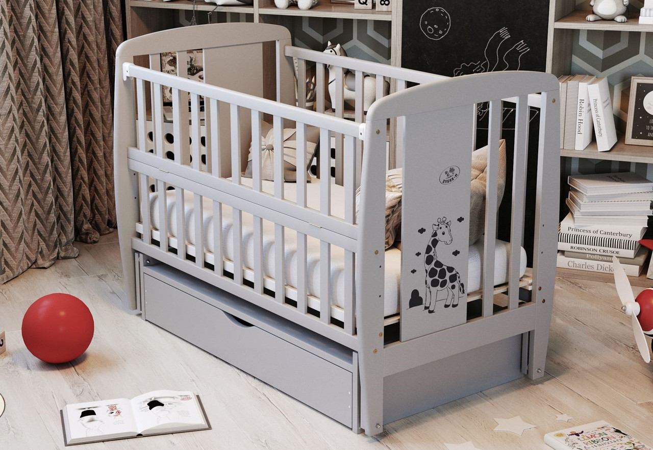 Сіра дитяча колиска Дубок Жирафка з шухлядою, фото 1