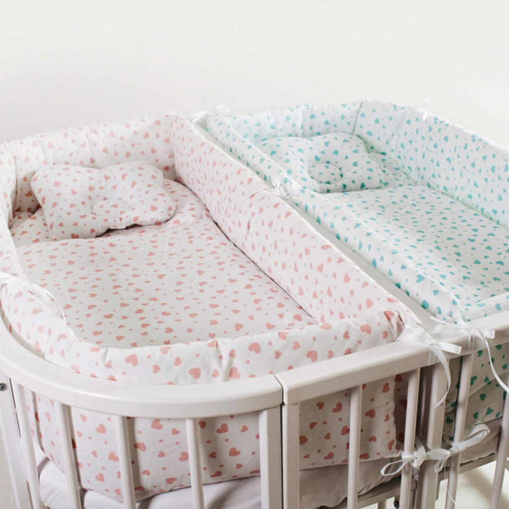 Постільний комплект для двійнят 14 ел. Twins 4000-T-404, Сердечка м'ятно-коралові, м'ятний/ кораловий, фото 1