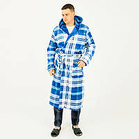 Мужской махровый халат с капюшоном, 2 кармана, цвет голубой в белую клетку L(50)-3XL(56) р-р