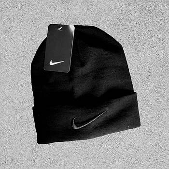 Чоловіча зимова шапка Nike чорна з закотом принт вишивка Найк