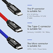 Короткий кабель для зарядки 3в1 BASEUS 3.5A Primary Colors MicroUSB+Lightning+Type-C (чорний) 30cм, фото 3