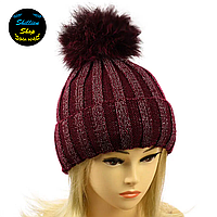 Зимняя женская шапка с помпоном - Фаина - Бордовый