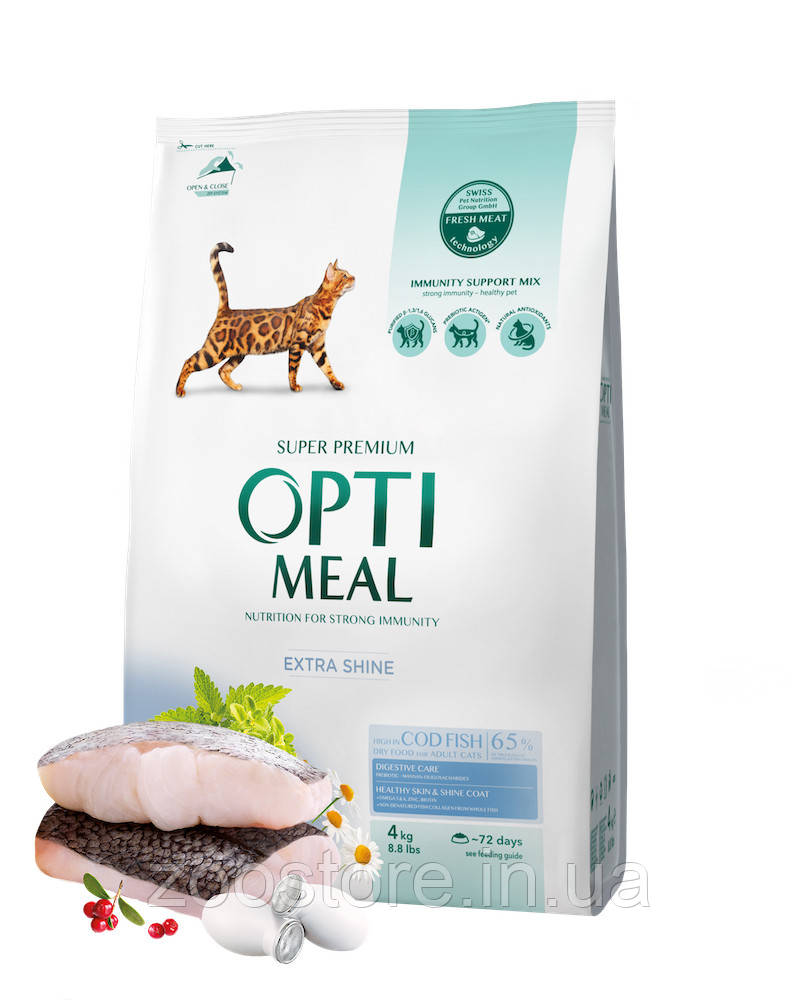 Корм сухий для дорослих котів OPTI MEAL з високим вмістом тріски 4 кг