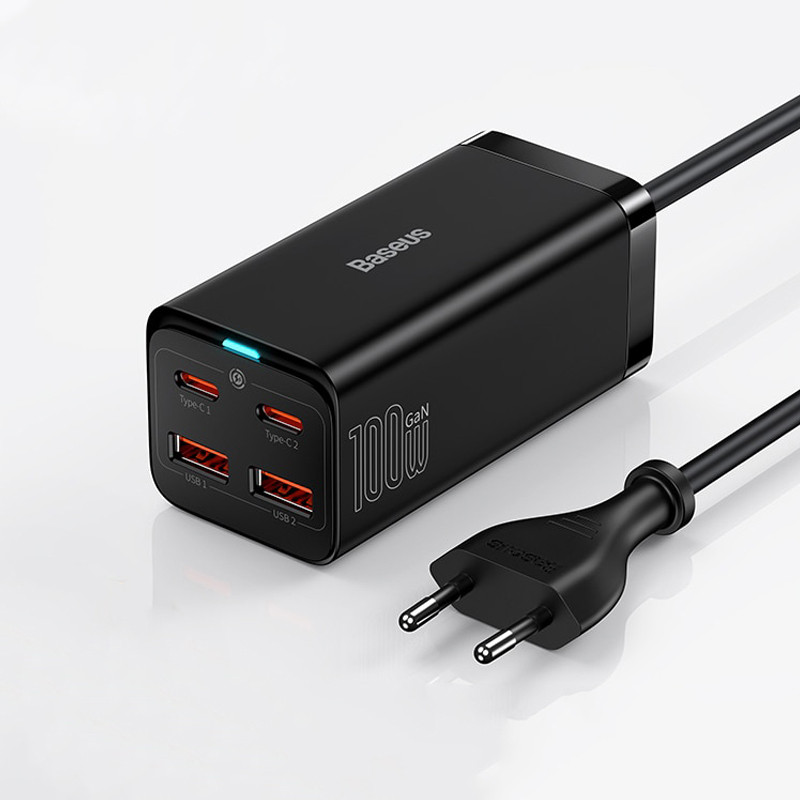Мережевий зарядний пристрій BASEUS GaN3 Pro 100W (2 Type-C + 2 USB) для швидкої зарядки PD3.0 QC4+ (чорний)