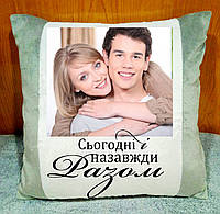 Серая подушка с фото, подарок для влюблённых. Годовщина свадьбы. День Святого Валентина