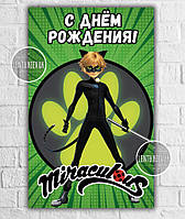 Плакат 120х75 см "Супер кіт зелений фон" з мультфільму "Леді Бaг" вертикальний на дитячий День народження — Російською