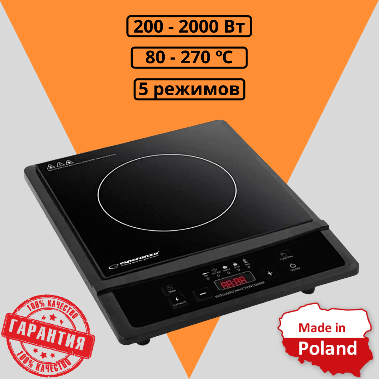 Індукційна плита 2000 Вт на 1 Конфорку Esperanza EKH011 Krakatau 2000W Переносна Настільна Електроплита 2 кВт з Таймером