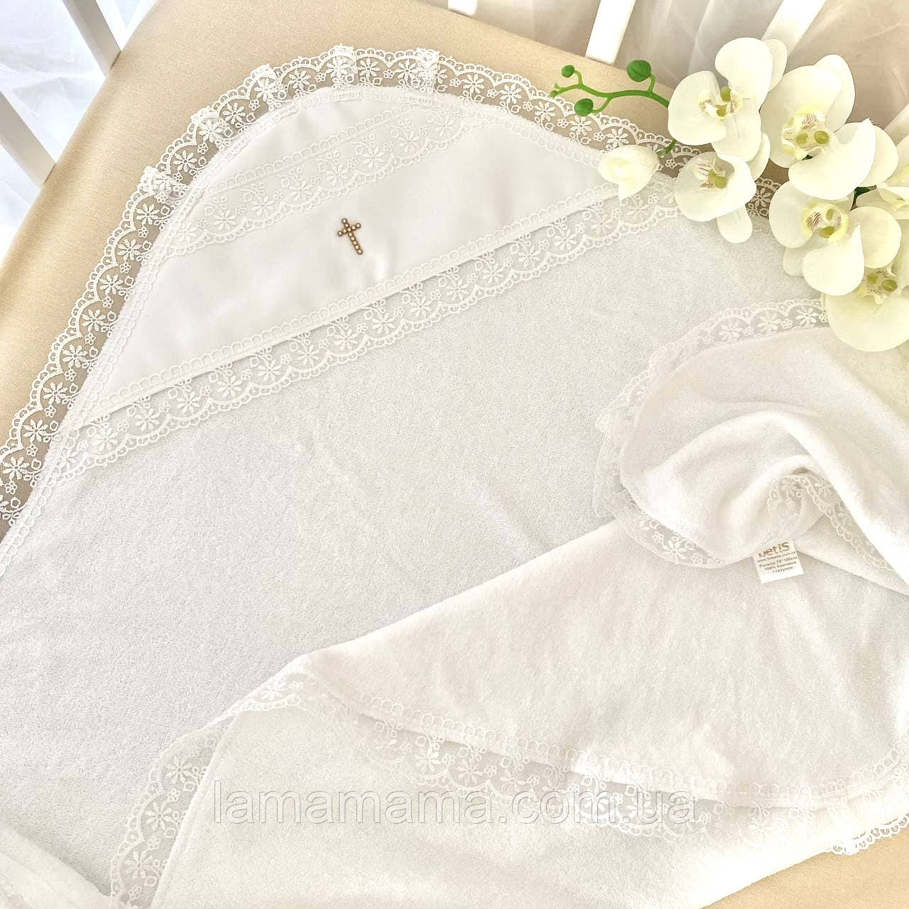 Махрова крижма для хрещення "Чарівна світлинка" Махра Молочний 75х100 см BetiS, фото 1