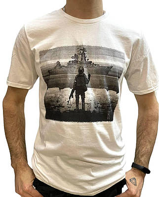 Патріотична футболка "Русский военный корабль, иди нах#й" Поштова марка Ч/Б біла