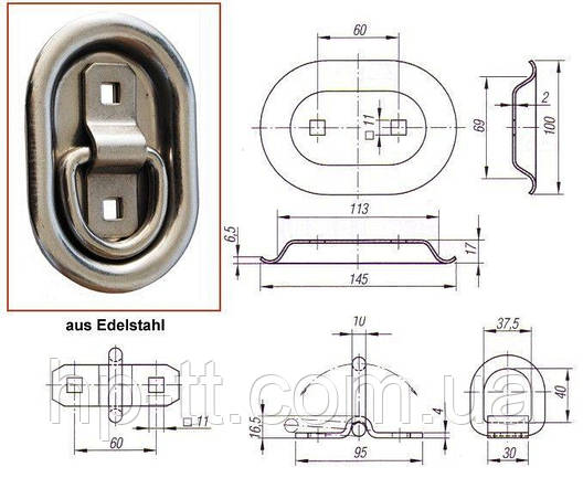 Врізна петля кріплення вантажу 100х145мм, 800кг, нержавіюча 402571, фото 3