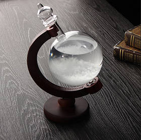 Барометр Штормгласс RESTEQ глобус великий, крапля Storm glass на темній дерев`яній підставці