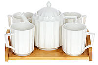Чайний порцеляновий набір на бамбуковій таці: чайник 900 мл, 4 кружки 300 смл, 29*20*18 см. білий (289-387)