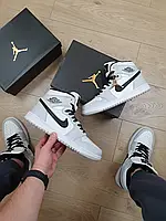 Високі кросівки чоловічі демісезонні сірі з білим Nike Air Jordan 1 Retro Взуття Найк Аїр Джордан Ретро 1
