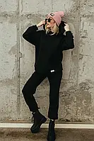 Черный женски теплый спортивный костюм трехнитка на флисе с капюшоном