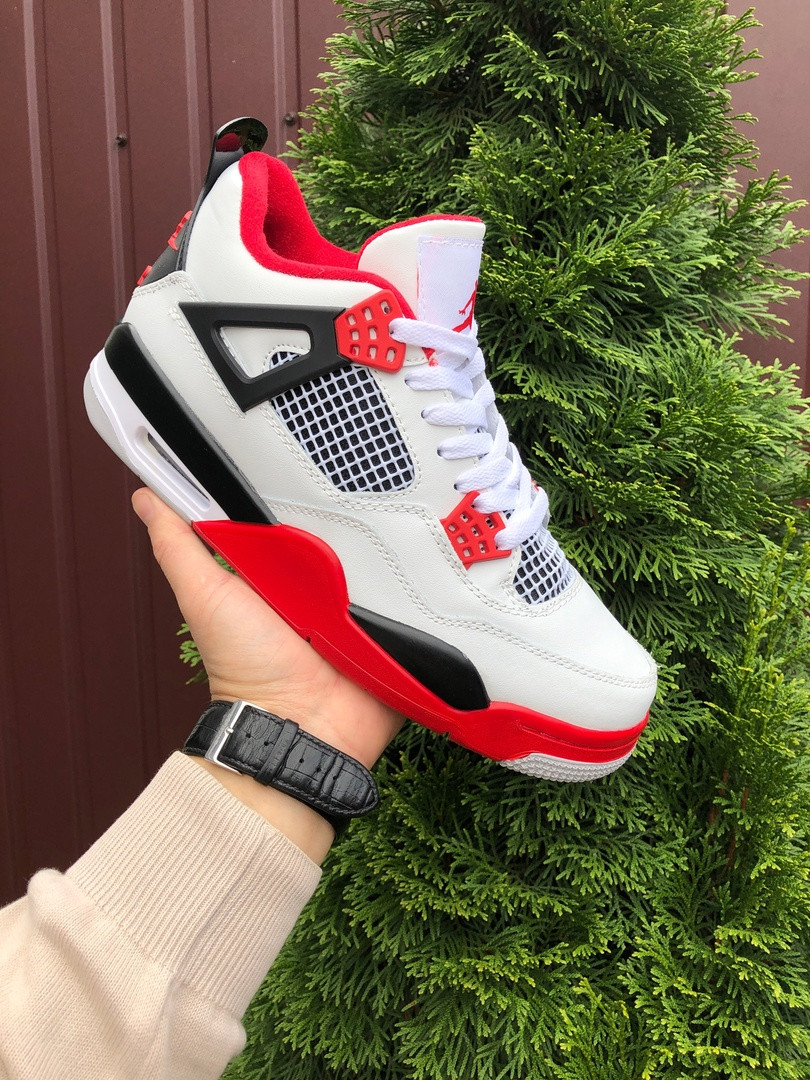 Чоловічі демісезонні високі кросівки в стилі Nike Air Jordan 4 Retro, білі з червоним Найк Аїр Джордан