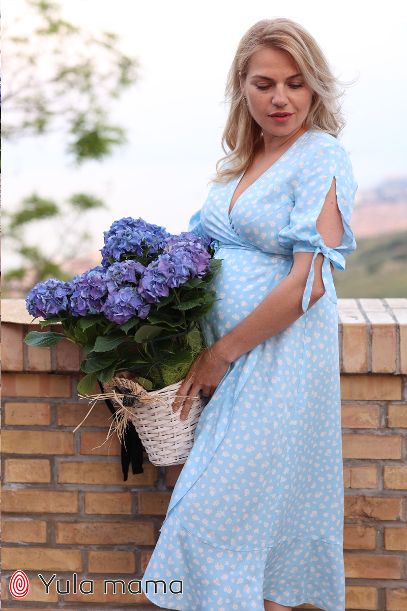 Голубое платье на запа́х с воланами для беременных и кормящих Miranda (S) DR-22.103 - фото 3 - id-p1696760837