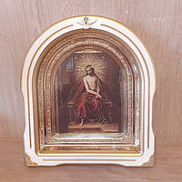 Икона Иисус Христос в терновом венце, лик 15х18 см, в белом деревянном киоте со вставками, арка