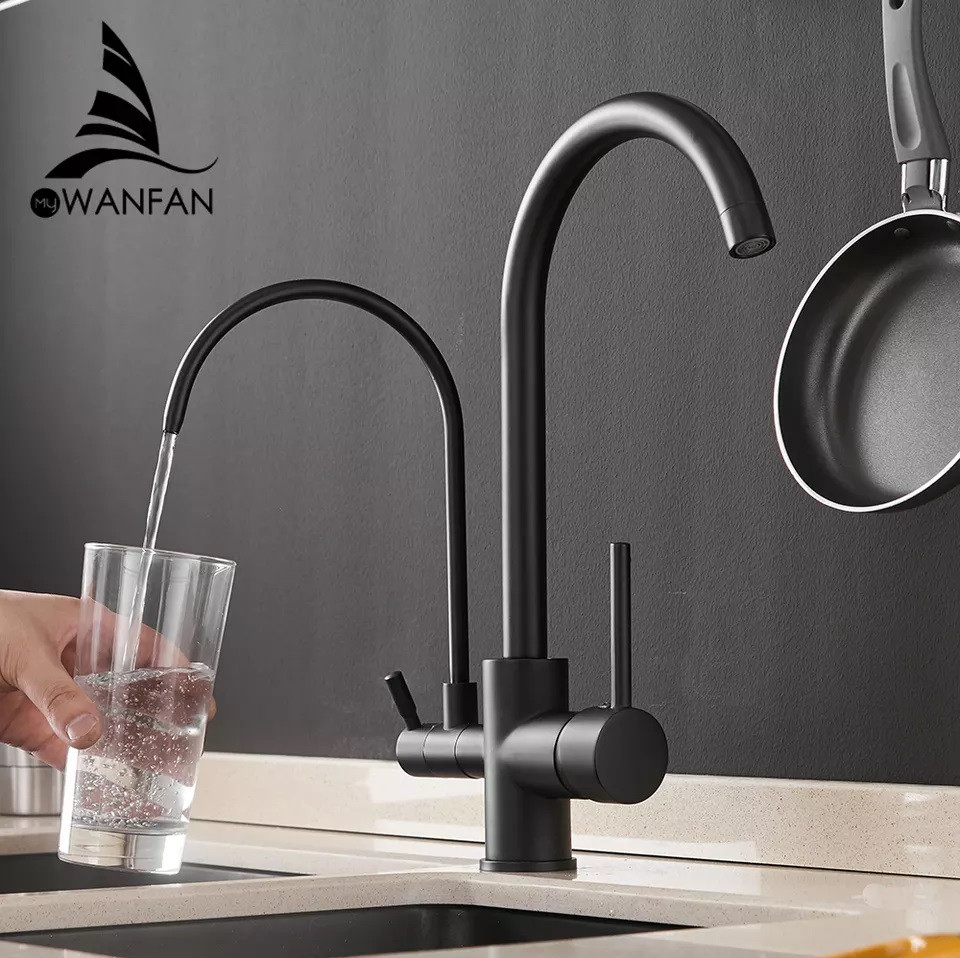 Змішувач для кухні з підключенням фільтрованої води WanFan двоважільний, кран кухонний латунний Чорний