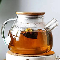 Заварювальний скляний чайник з бамбуковою кришкою для плити 1л