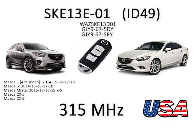 Смарт-карта ключ MAZDA SKE13E-01 Вуличний ID49 315 MHz NXP7953 key USA SMART (FCC ID SKE13D01), фото 1