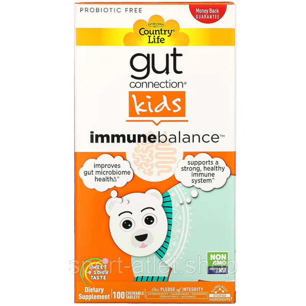 Натуральна добавка Country Life Gut Connection Kids Immune Balance, 100 жувальних таблеток, фото 1