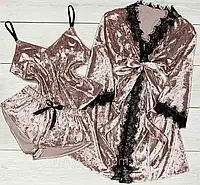 ВЫБОР ЦВЕТА Женская пижама 3в1 пижама и халат с кружевом велюр пудра
