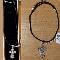 Нательный серебряный крестик и шелковый шнурок 45см - серебряный православный крестик с распятием