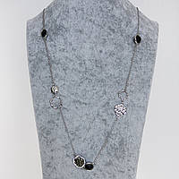 Кольє на металевому сріблястому ланцюжку з елементами та чорними камінчиками довжина 90 см застібка карабін